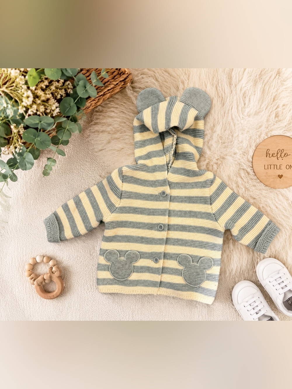 GAP Striped Hooded Sweater Jacket in Yellow and Gray with Bear Ears